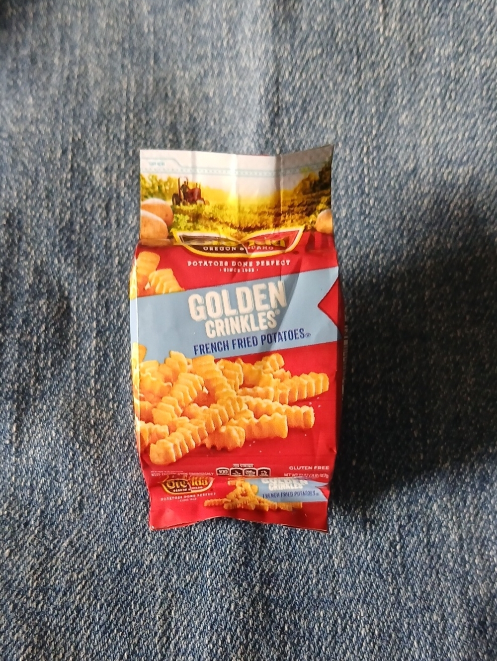 Golden Crinkles French Fried Potatoes Bag CUSTOM BROOCH - Red and Light Blue
